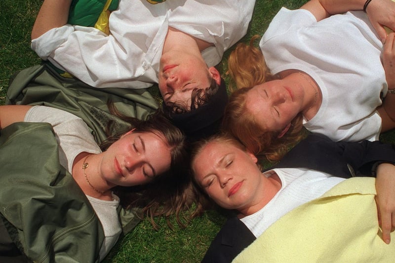 Sleep out by sixth form pupils at Prince Henry's Grammar to raise money for Shelter. Pictured in July 1996 are Louise Kitchen, Jonathan Marsh, Liz Neale and teacher Miss Anna Russell.