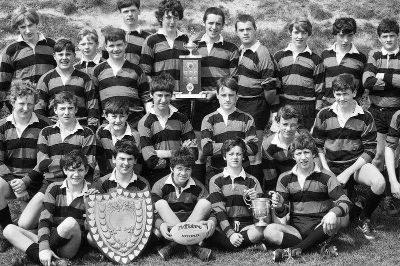 The multi-trophy winning rugby league teams of St John Fisher RC High School, Beech Hill, in May 1982. Future Wigan Rugby League star Shaun Edwards is on the 2nd row, first right.