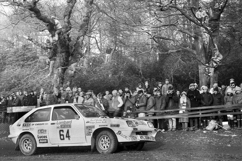 Every vantage point taken by spectators at a stage of the Lombard RAC Rally which roared through the grounds of Haigh Hall Country Park on Tuesday 22nd of November 1983.