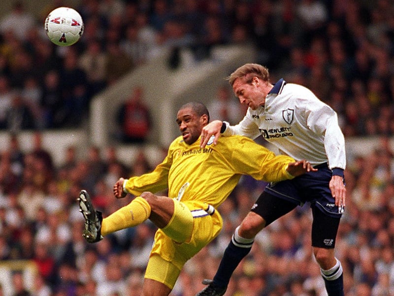 Tottenham Hotspur new boy John Scales rises high to beat Brian Deane in the air.