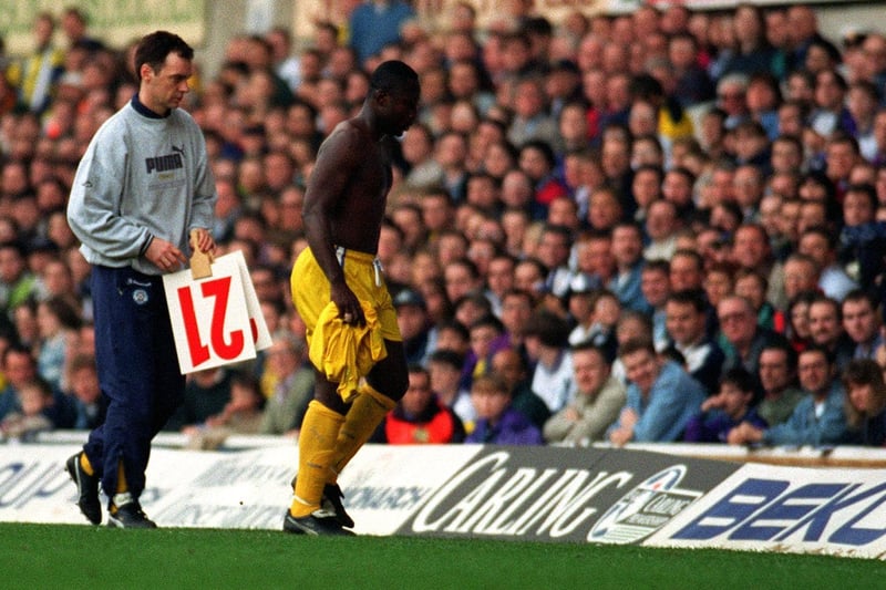Tony Yeboah takes off his shirt after being replaced by Ian Harte after 73 minutes at White Hart Lane.