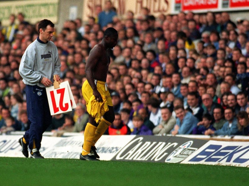 Tony Yeboah takes off his shirt after being replaced by Ian Harte after 73 minutes at White Hart Lane.