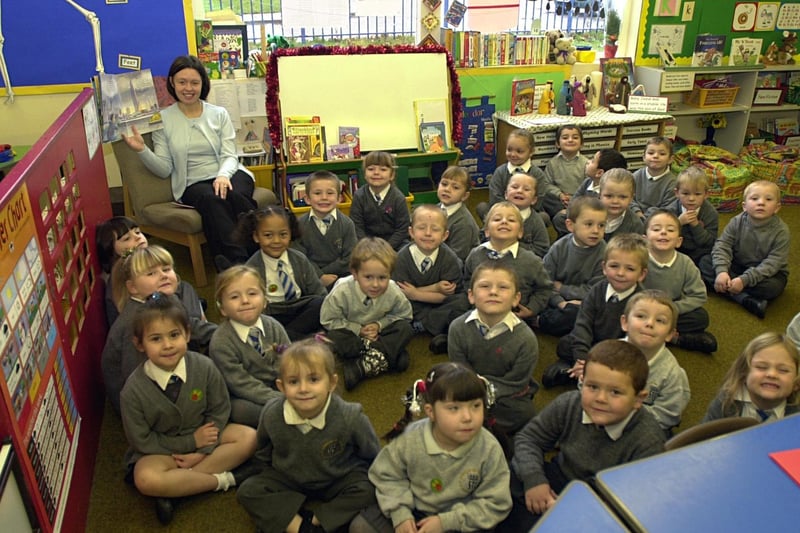 The reception class at Hunslet St Mary's C of E School pictured with teacher Sue Stevenson in December 2002.