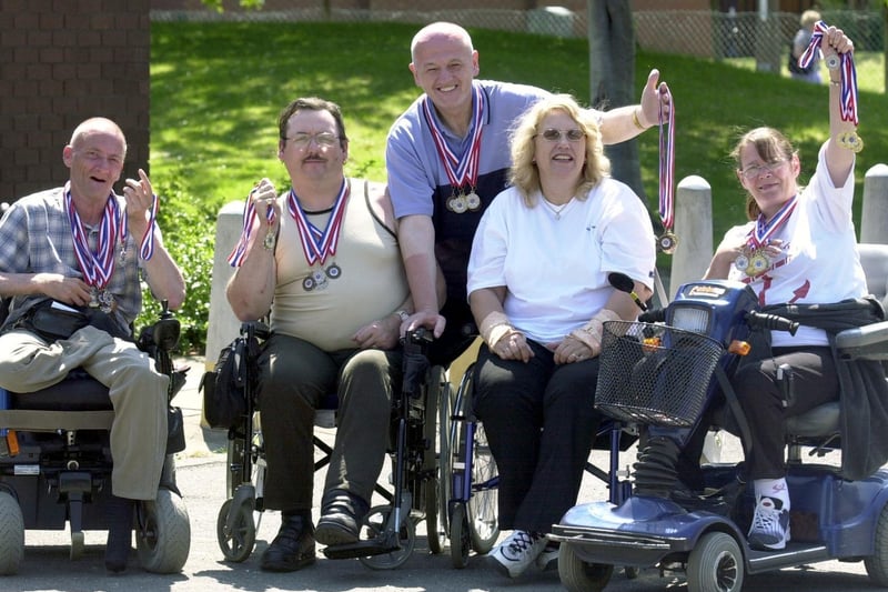 July 2002 and disabled people from Mariners Resource Centre in Hunslet show of their medals from a sports competition. Pictured, from left, are Albert Harris, Paul Hiscoe, Terry Wicks, Alice Holt and Sheila Rimmington.