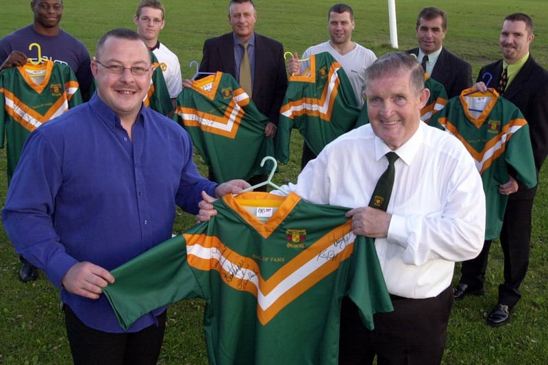 Hunslet Parkside ARLFC secretary Colin Cooper with Gary Schofield and fellow Hall of Fame players Sonny Nichol, Karl Pratt, Paul Pickup (sponsor) James Lowes, Dave Heron and Dave Creaser at the opening of new facilities.