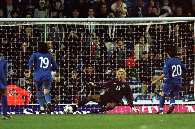 Vincenzo Montella sends David James the wrong way to put Italy ahead in stoppage time.