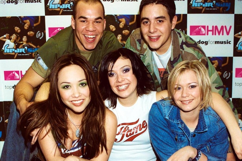 Manufactured pop sensations Hear'Say (left to right) Myleene Klass, Danny Foster, Kym Marsh, Noel Sullivan and Suzanne Shaw, at a signing event for their debut single 'Pure and Simple' at HMV in London.
