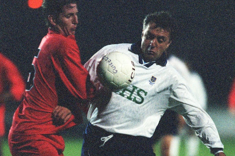 Former Leeds United striker Bobby Davison was appointed player-manager at Guiseley in February 1998. He is pictured playing against Spennymoor United in September 1998.