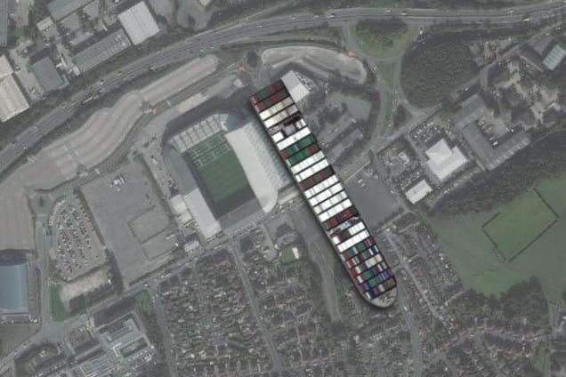 The Ever Given dwarfs Elland Road at almost twice the size of the famous home of Leeds United.
