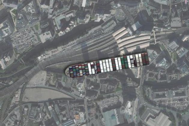 The length of the ship is almost twice as long as Leeds Station.
