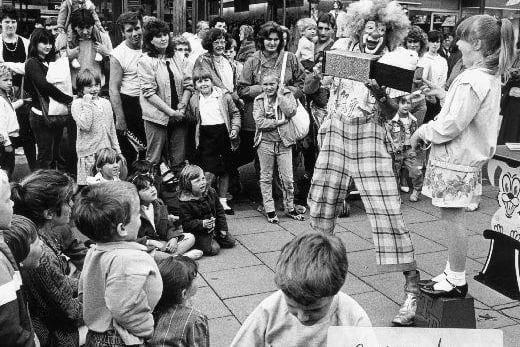 Ted Pickles clowning in Carlton Street, Castleford, in 1987.