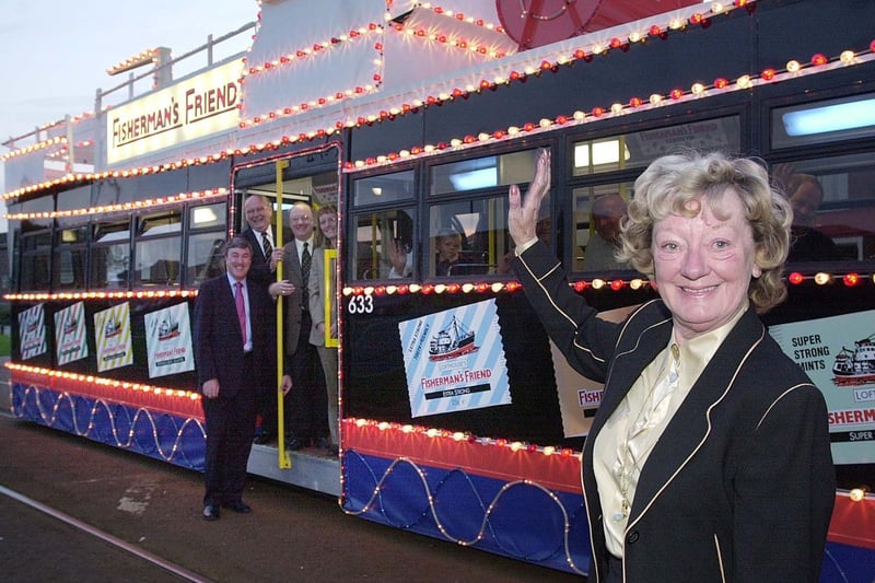 Doreen Lofthouse waves off a new tram which Lofthouse have sponsored on it's maiden voyage to Fleetwood with Tony Depledge, Tony Lofthouse, Duncan Lofthouse and Linda Lofthouse on board at Fisherman's Walk, Fleetwood
