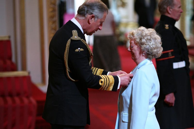 Doreen Lofthouse being made an OBE by the Prince of Wales at Buckingham Palace in 2008.