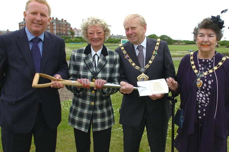 Fisherman's Friend owner Doreen Lofthouse dug the first sod to officially start the Marine Gardens re-design at the Marine Hall in Fleetwood....Pictured with Doreen and her ceremonial spade are Leader of Wyre Borough Council Peter Gibson, and the Mayor and Mayoress of Wyre David and Glenice Bannister.