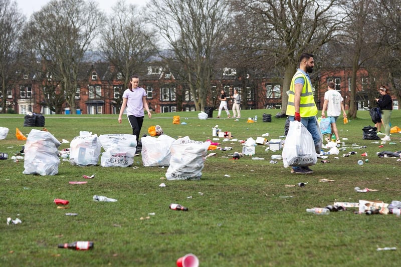 These pictures show the dreadful state of a park that looks more like a rubbish tip this morning after thousands of sunseekers congregated on the hottest day of the year in Leeds