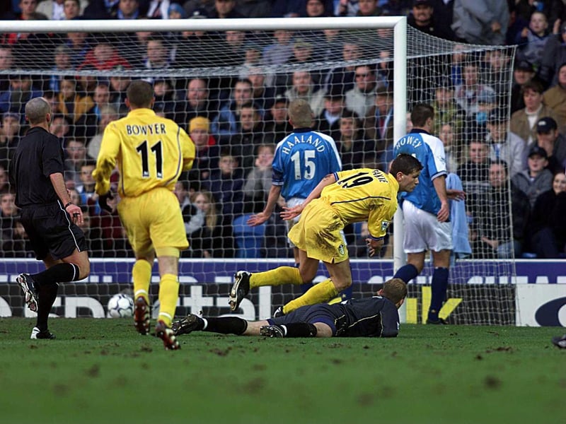 Eirik Bakke celebrates putting Leeds Unied ahead after 31 minutes.