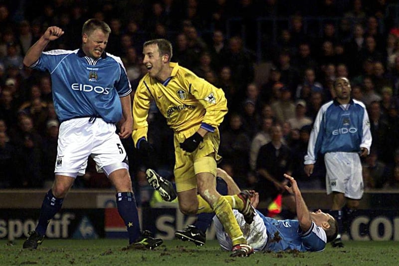 Lee Bowyer celebrates putting Leeds United 2-0 ahead after 80 minutes.