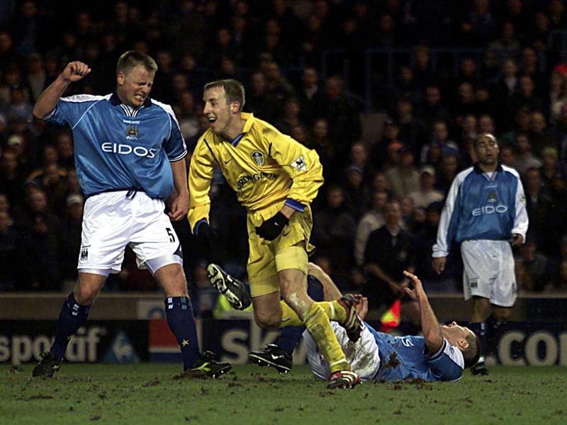 Lee Bowyer celebrates putting Leeds United 2-0 ahead after 80 minutes.