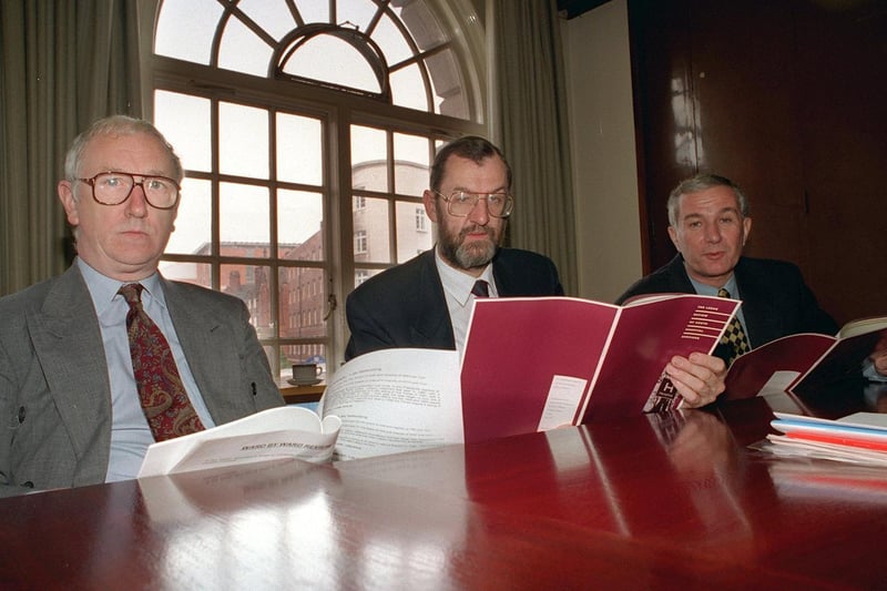 Leeds Civic Hall was the setting to discuss a possible merger of St James's Hospital and Leeds General Infirmary. Pictured are Leeds Labour MPs George Mudie, John Battle and Derek Fatchett.
