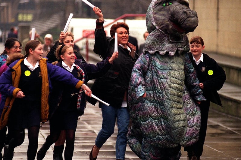 TV presenter Christa Ackroyd and pupils from Guiseley School chased the Plain English Roadshow's gobbledygook monster out of the city centre.