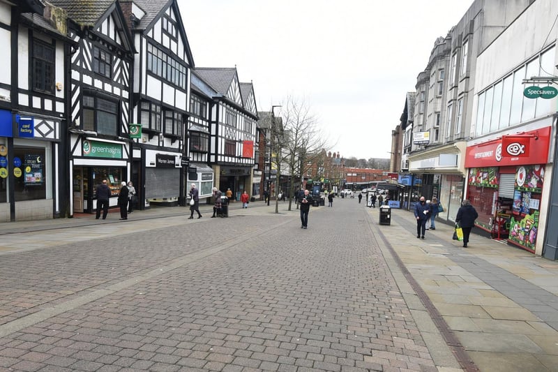 General view of Wigan town centre, Standishgate, which is usually a busy thoroughfare but very quiet as the lockdown continues.
