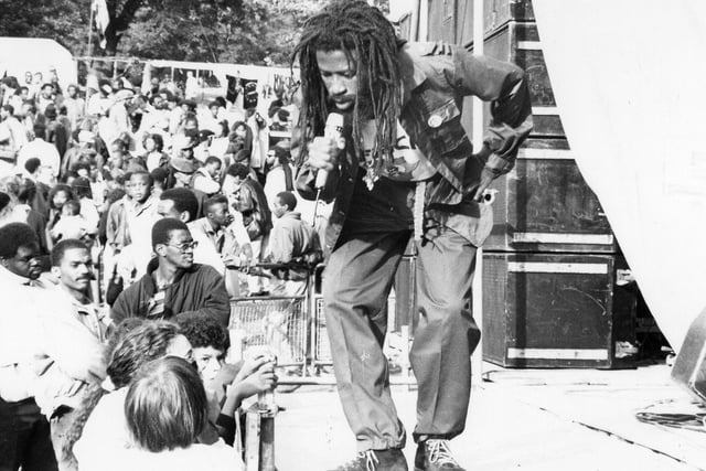 This is Jamaican Dub poet Ras Fikre on stage at the Black Music Festival held in Potternewton Park on August Bank Holiday Sunday.