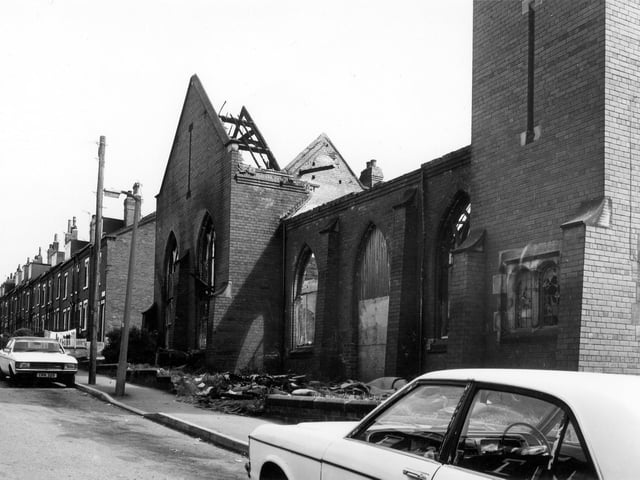 The former Ashley Road Methodist Church which had been been used as a furniture warehouse. The damage is thought to have been caused by a fire and the building had to be demolished. Pictured in May 1984.