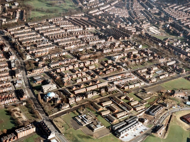Chapeltown Road can be seen on the left side. The building with distinctive blue dome is the Northern Dance Centre, previously a Synagogue. In the bottom right corner is Barrack Road. Pictured in February 1988.