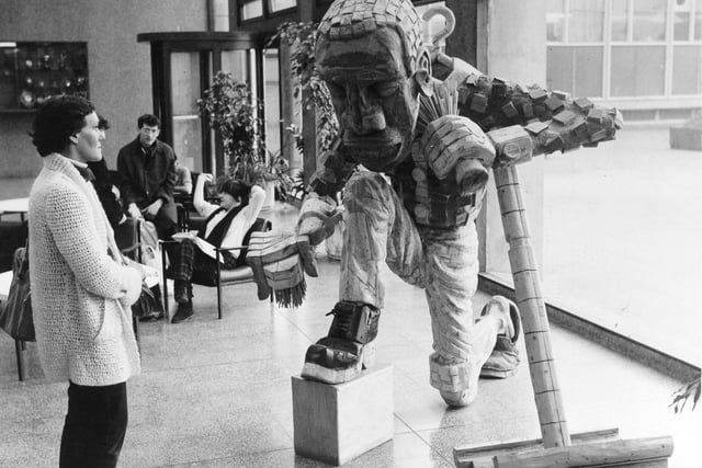 Meet Keverne, a 6ft wood and blue sculpture whose home was the foyer of Leeds Polytechnic. He was the work of former Polytechnic fine arts student, Mike Winstone.