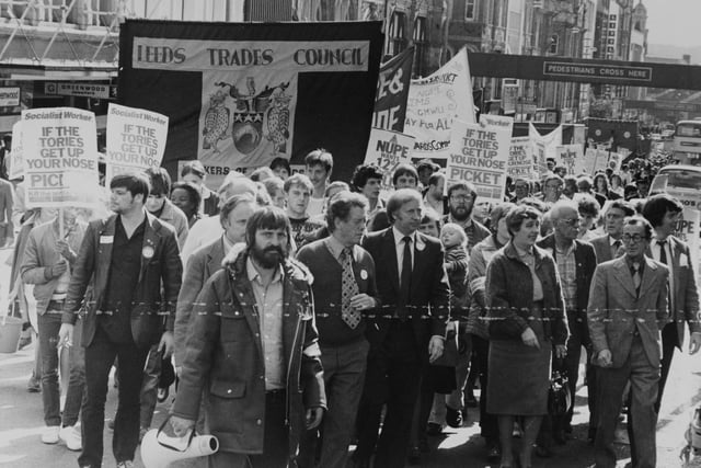 The Day of Action march as it leaves Leeds Town Hall led by, from left, John Kerwin-Davey, Leeds Trades Council president; Joe Dean, MP; Arthur Scargill; Beryl Huffinley, Leeds Trades Council secretary, and Stan Cohen MP.