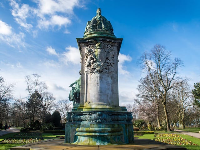 This memorial was unveiled in November 1905, and originally stood outside Leeds Town Hall. It was moved to Woodhouse Moor in 1937 was designated as a Grade II* listed building in August 1976.