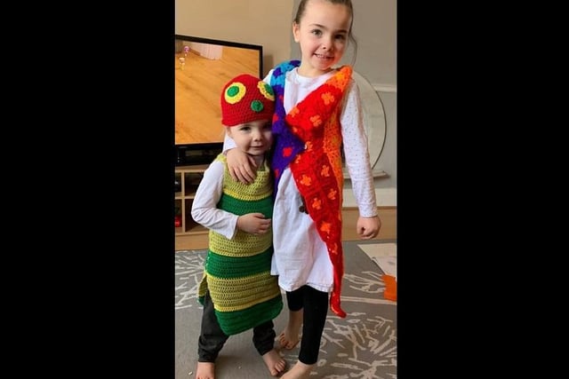 Grace as The Very Hungry Caterpillar and Holly as Joseph and the Technicolour Dreamcoat. Thanks to Steph Houghton for the pic.