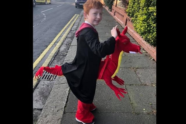 Samantha Gearing sent us this picture of her son Dalton, dressed as Ron Weasley and the Chinese Fireball dragon from the Harry Potter books.