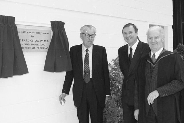 A new 750,000 general purpose hall at an independent Lancashire school was officially opened by the Earl of Derby. The hall, at Kirkham Grammar School, ends decades of cramped school assemblies. Pictured above are Lord Derby; chairman of the governors Peter Hosker; and headmaster Malcolm Summerlee