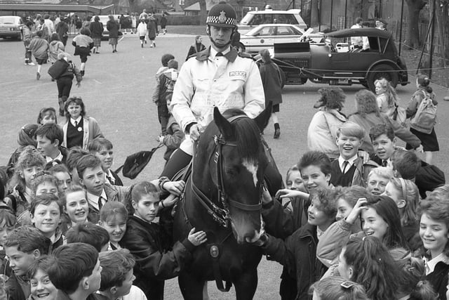 Police officers visited Holy Cross School in Chorley as part of a week-long event at the school to tell pupils about police work with the aim of developing a closer relationship between the force and the community. PC Geoff Sage is pictured above on his horse Victoria