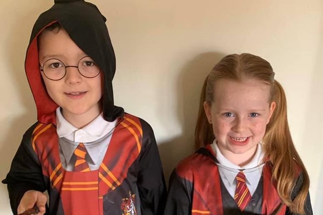 Kai Skivington, nine, and Billie-Rae Skivington, six, as Harry Potter and Hermione Granger.