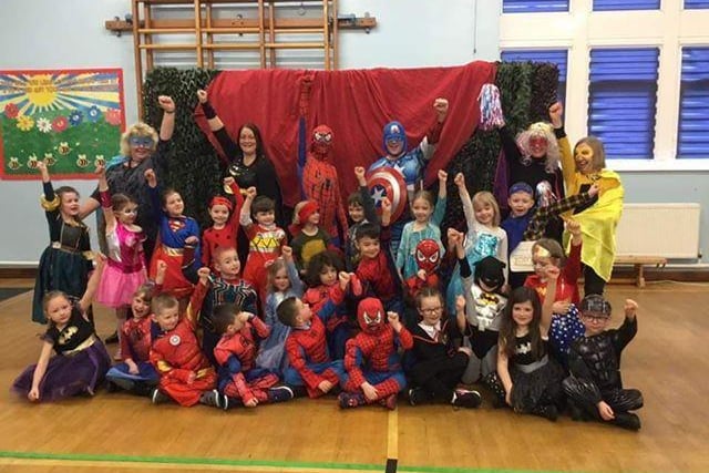 Year 1 at West End Primary, Morecambe, dressed as superheroes for their superhero themed World Book Day with Initiate Theatre.