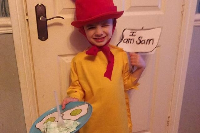 This is one of Juliet Franks son's dressed as  Sam I Am from the book Green Eggs and Ham.