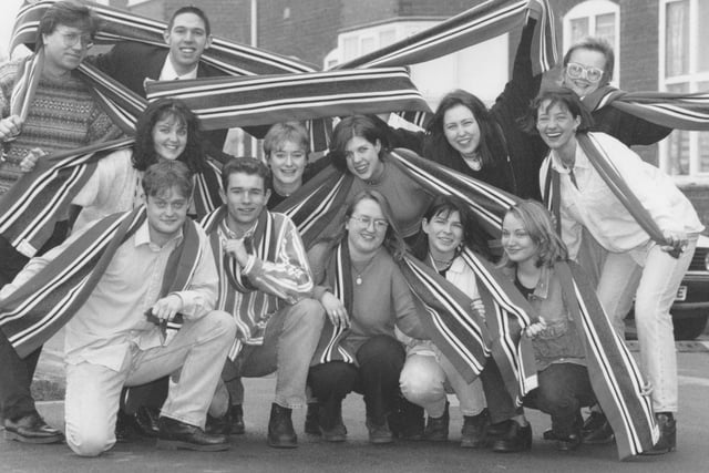 UNiversity College Scarborough students and staff are pictured with their new college scarves in March 1996.