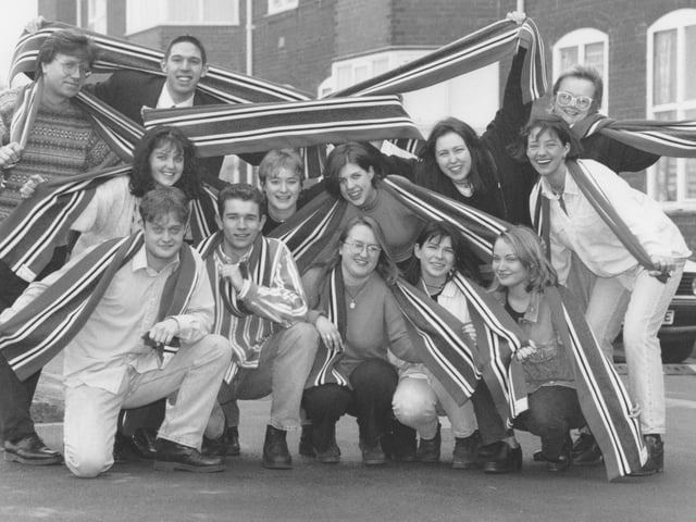 UNiversity College Scarborough students and staff are pictured with their new college scarves in March 1996.