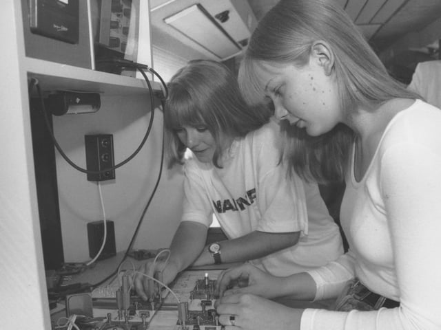 Pictured on the Wise Bus (Women In Science and Education) at University College Scarborough during a three-day conference for senior pupils back in July 1995 are, left to right, Gillian Booth, from Graham School, and Katie Smith, from Pindar School, working on an electronics project.