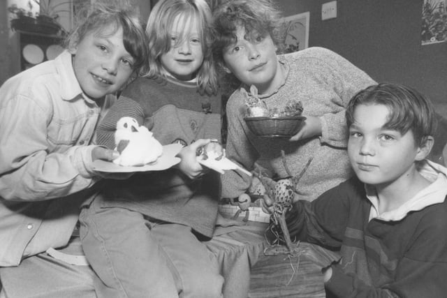 The Hinderwell Junior School Easter decorated egg competition winners, from left, Hayley Link, Stephanie Deaves, Nichola Messruther, and David Bateman. Photo taken in March 1996.