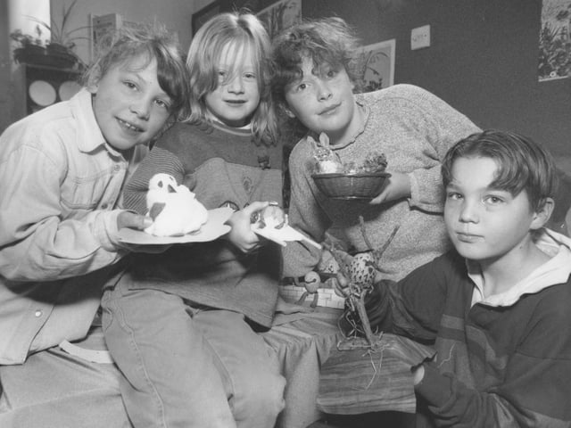 The Hinderwell Junior School Easter decorated egg competition winners, from left, Hayley Link, Stephanie Deaves, Nichola Messruther, and David Bateman. Photo taken in March 1996.