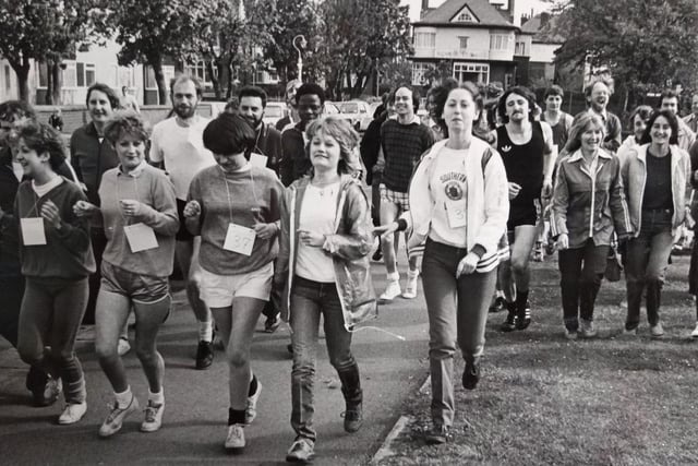Students taking part in a 12-mile sponsored run from St Annes College campus to Bispham Campus in aid of the International Year of Disabled People, May 1981