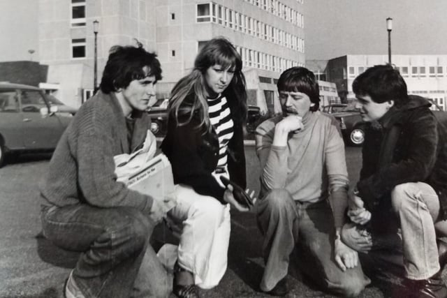 Left: Paul Crane, Marilyn Hall, Roger Lawson, president of the Student Union - and Alan Carhill during a campaign at the Bispham campus  in 1978