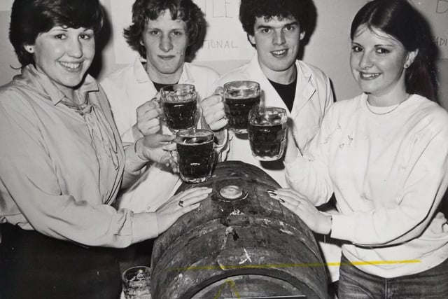 Hotel and management students studied the qualities of beer as part of a thesis. Pictured are Denise Rigby, Graham Plant, Robert Hirst and Gillian Fuller, May 1981.