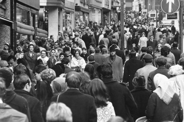 A crowded Briggate on a busy shopping day.