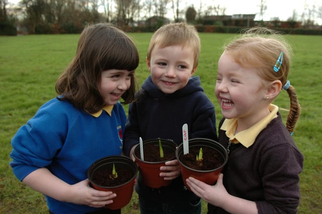 Trinity Forshaw, Joshua Haworth and Ciar Wright with their bulbs planted to grow in time for Mother’s Day at Buckshaw Primary School, Chorley