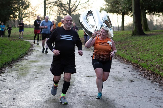 Runners in the New Year's Day parkrun at Shroggs Park, Halifax.