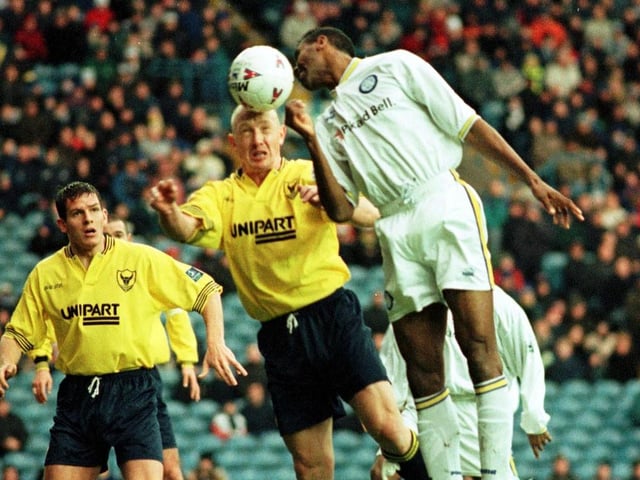 Lucas Radebe heads home to open the scoring.